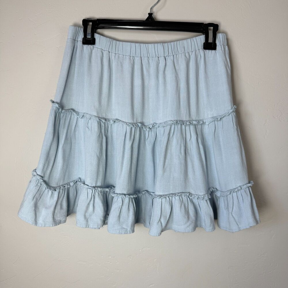 Princess Polly Blue Ruffle Tiered Skirt Linen Blend Coquette Boho Size US 10